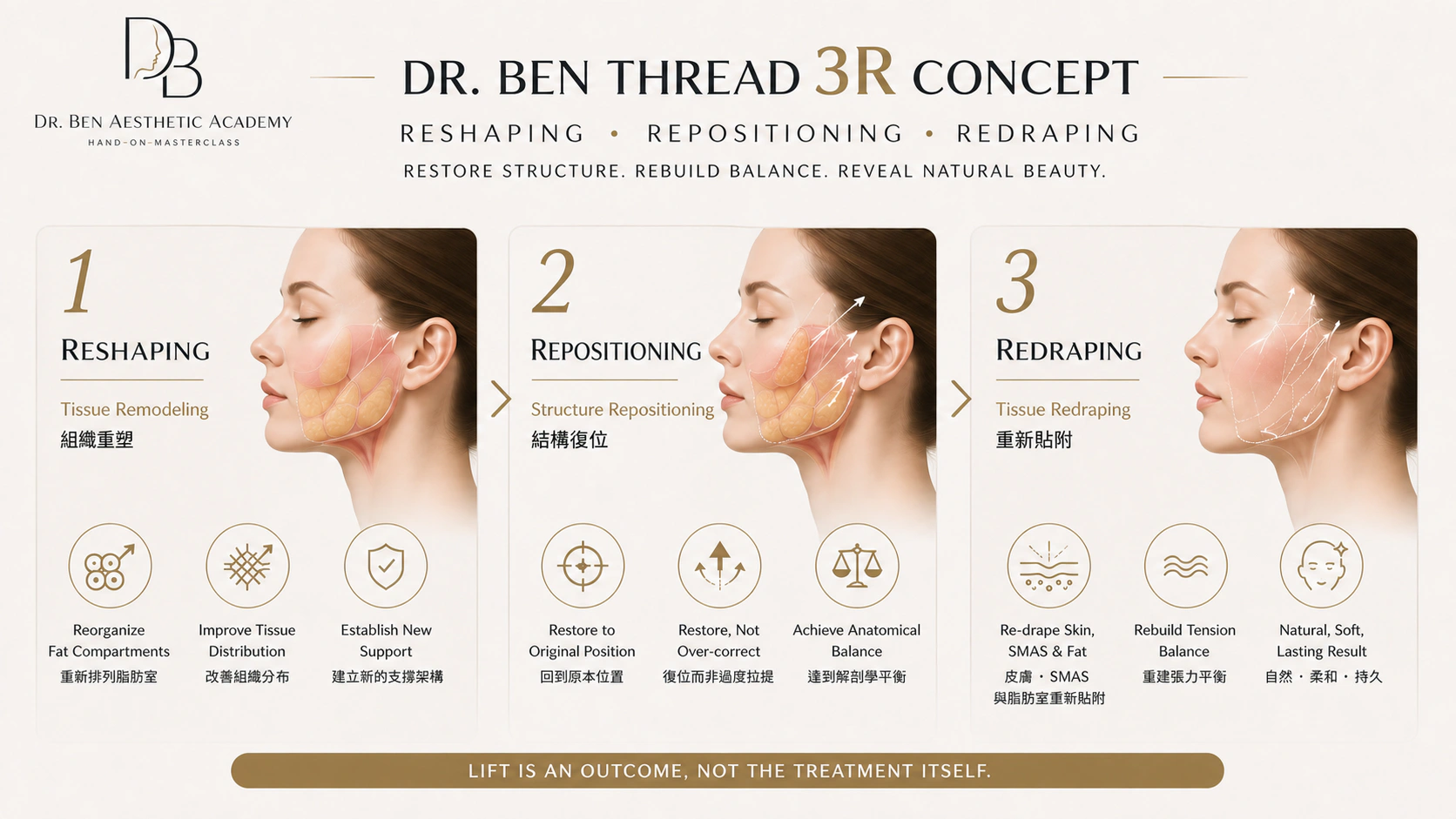 Dr. Ben Thread 3R Concept：Reshaping、Repositioning、Redraping 線雕教育理念