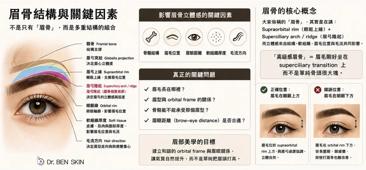 眉骨結構與關鍵因素解剖圖：Supraorbital rim、Superciliary arch、Frontal bone、Orbital rim 標示與解說