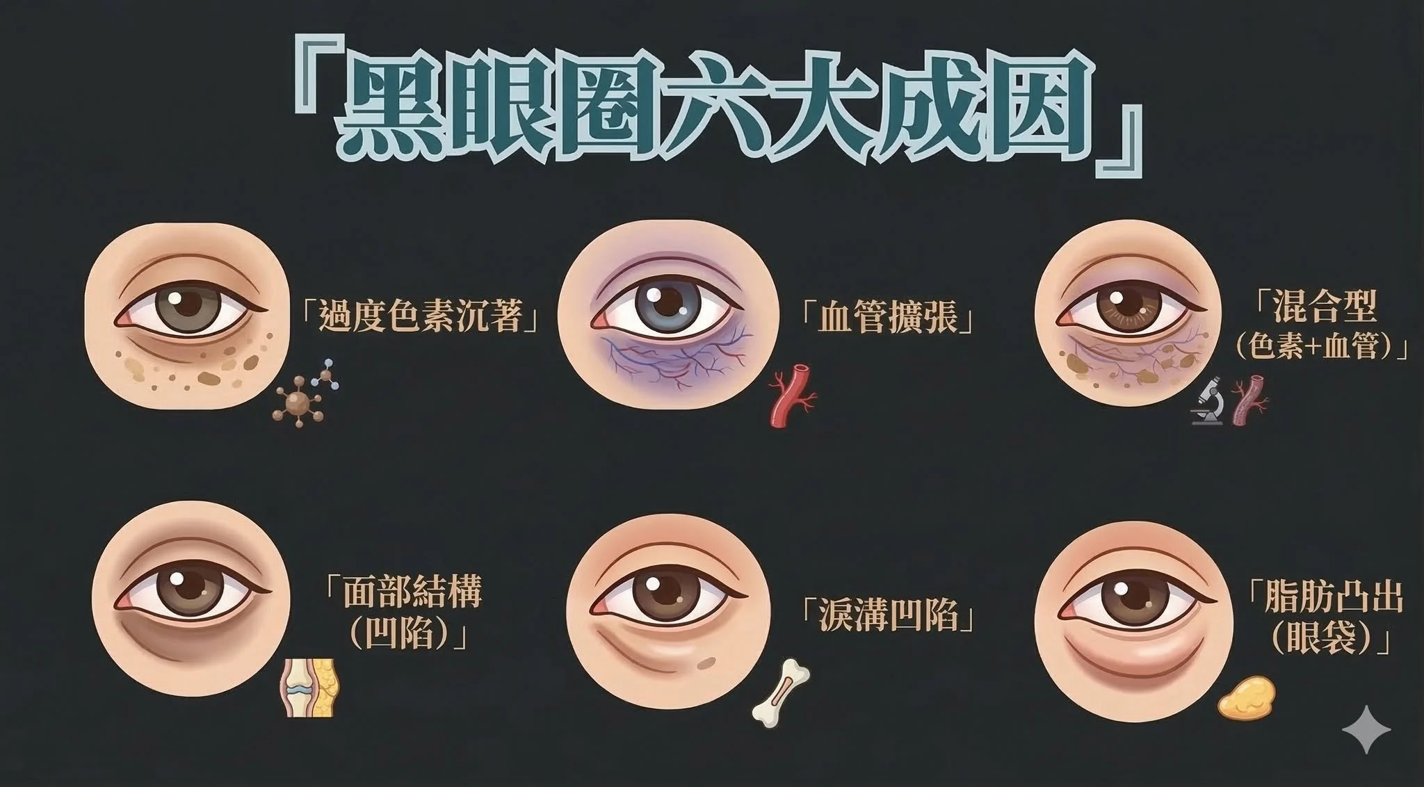 黑眼圈六大成因與眼周治療邏輯資訊圖